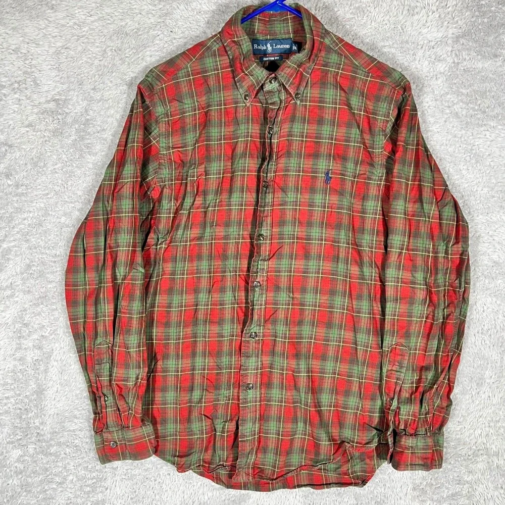 Polo Ralph Lauren Mens Custom Fit Plaid Button Down Shirt‎ Red Green Medium